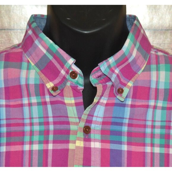 Lands' End Mens Button Down Shirt XL Pastel Plaid Short Sleeve Cotton Preppy - Picture 3 of 9